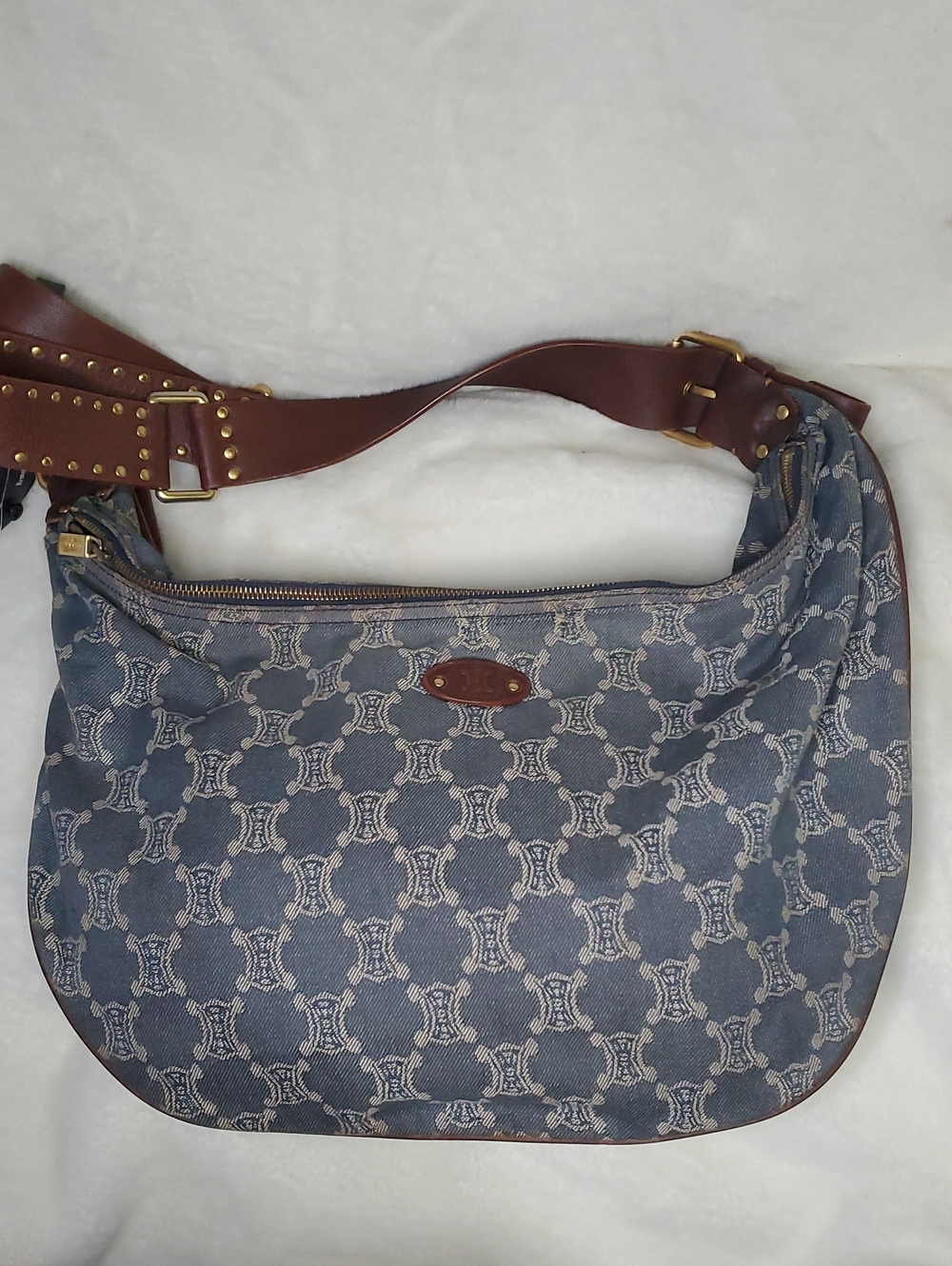 Celine Blue Jeans Distressedb Monogram Shoulder Bag with Brown Leather Strap
